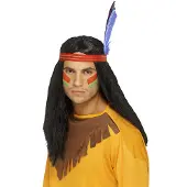 Smiffy'S Zwarte indiaan dapper pruik met veer - pruik indiaan dapper zwart verkleedkleding heren indiaan wild smiffys kostuum amerikaans westen