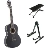 Lapaz C30BK klassieke gitaar 3/4-formaat zwart + statief + voetenbankje