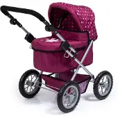 Bayer : Poppenwagen Trendy met schoudertas en daaronder boodschappenmand bordeauxrood met patroon