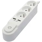 Chacon Power strip with switch. 3 x 16 A sockets and 2 x 2 A USB outputs. 1.5 m white cable