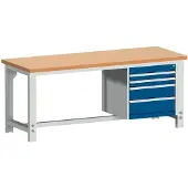 Bott cubio werkbank, koper beukenhout, B 1500 x D 750 x H 740-1140 mm, gentiaanblauw RAL 5010/lichtgrijs RAL 7035