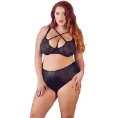 Cottelli collection Cottelli Plus Size – Wetlook Kanten Lingerie Set met Transparante Motieven en Verstelbare Hals Bandjes – Maat 85F/L – Zwart