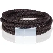 Memphis dubbele wrap armband Leer Bruin Zilver-19cm