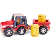 Woet Houten Tractor met Aanhanger - Inclusief 2 Hooibalen - Rood - Educatief Speelvoertuig - Rollenspel Speelgoed - Vanaf 18 Maanden