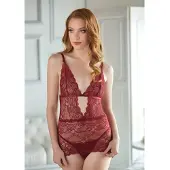 Erotic Treasure Allure Lingerie - Lace Chemise with G-string - Burgundy
