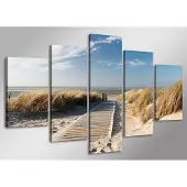 Karo-art Schilderij - Uitzicht op Noordzee, Blauw/Beige, 160X80cm, 5luik