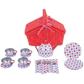 Bigjigs Theeservies in Picknickmand - Metaal Speelgoedservies voor Kinderen - 18-Delig