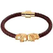 LGT JWLS LGT Jewels Leren armband Edelstaal Twin Skull Goudkleurig Bruin
