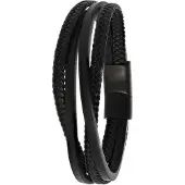 Lucardi Heren blackplated armband gevlochten leer - Staal - Armband - Vaderdag Cadeautje - 19 cm - Zwart