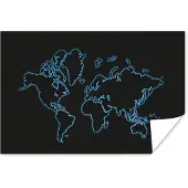 PosterMonkey Wereldkaart blauw op zwart Poster | Wereldkaart Poster 180x120 cm