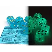Chessex Borealis D6 16mm Teal/goud Lichtgevende Dobbelsteen Set (12 stuks)