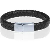 Memphis gevlochten leren armband Zwart Zilver-24cm