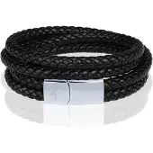 Memphis dubbele wrap armband Leer Zwart Zilver-22cm