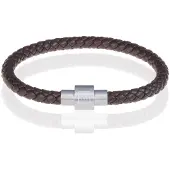 Memphis armband leer met edelstaal Donkerbruin Zilver-24cm