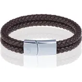 Memphis dubbele leren armband Bruin Zilver-18cm