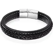LGT JWLS LGT Jewels Heren Armband Zwart Leer Stitched Edelstaal Sluiting-21cm