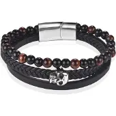 Memphis Heren armband Tijgeroog Skull Gevlochten Leer Zwart Bruin-20.5cm
