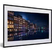 PosterMonkey Fotolijst incl. Poster - Amsterdam - Grachtenpanden - Nacht - Schemer - Water - 60x40 cm - Posterlijst