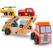 Melissa & Doug Houten vrachtwagen met reddingsvoertuigen - 1 vrachtwagen en 4 reddingsvoertuigen