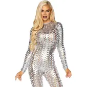 Leg avenue Laser Cut Metallic Catsuit (Zilver)