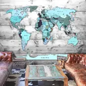 Karo-art 98cm X 70cm - Zelfklevend fotobehang - Wereldkaart Blauwe Continenten, Premium print
