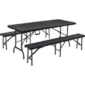 Erro Tuinset met 2 Tuinbanken en Tuintafel – Inklapbare Campingtafel – Zwart Houtlook