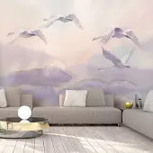 Karo-art 441cm X 315cm - Zelfklevend fotobehang - Vliegende Zwanen, Aquarel (Paars) Premium print
