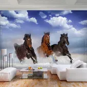 Karo-art 196cm X 140cm - Zelfklevend fotobehang - Wilde paarden in de sneeuw, premium print
