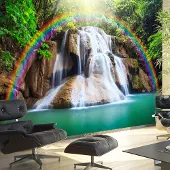 Karo-art 196cm X 140cm - Zelfklevend fotobehang - Regenboog boven een waterval , Premium Print