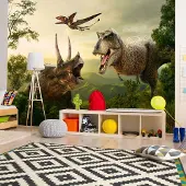 Karo-art 245cm X 175cm - Zelfklevend fotobehang - Dinosaurus in het bos, groen/bruin, 8 maten, Premium Print, geen lijm nodig, instructie bijgesloten, water- en UV bestendig