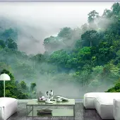 Karo-art 294cm X 210cm - Zelfklevend fotobehang - Ochtend mist in bos , Premium Print