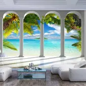Karo-art 98cm X 70cm - Zelfklevend fotobehang - Zee achter de pilaren , Premium Print
