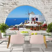 Karo-art 147cm X 105cm - Zelfklevend fotobehang - Zomer in Santorini , Premium Print