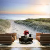 Karo-art 196cm X 140cm - Zelfklevend fotobehang - Ochtend wandeling op het strand , Premium Print