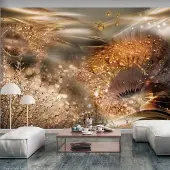 Karo-art 343cm X 245cm - Zelfklevend fotobehang - Gouden wereld van Paardenbloemen , Premium Print , Goudlook