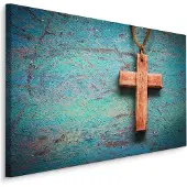 Karo-art Schilderij - Houten Kruis op Blauwe Achtergrond, Premium Print