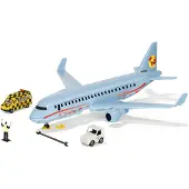 Siku 5402, Passagiersvliegtuig met accessoires, kunststof, incl. "Follow me"-voertuig (metaal/kunststof), lichtblauw, vele functies