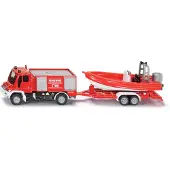 Siku 1636, Brandweer Unimog met boot, 1:87, metaal/kunststof, rood, drijvende boot