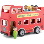 Woet Houten City Tour Bus - Dubbeldekker Bus met Chauffeur en 8 Passagiers - Speelgoedvoertuig met Poppetjes - Rollenspel Speelgoed - Vanaf 18 Maanden