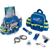 Theo Klein Toys politieagent rugzak - 28x25x8,5 cm - incl. accessoires, verstelbare riemen en een grote opening voor het makkelijk pakken en opbergen - blauw geel