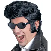 Finidi Zwarte Elvis pruik met kuif en ruige bakkebaarden