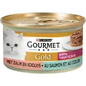 Gourmet 24x Kattenvoer Nat Gold Hartig Torentje Duo Zalm en Koolvis 85 gr