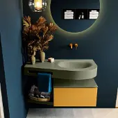 Mondiaz RIVA 100cm badmeubel onderkast / planchet kleur Ocher met 1 lade. Wastafel DULCET rechts 0 kraangaten kleur Army.
