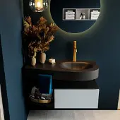 Mondiaz RIVA 100cm badmeubel onderkast / planchet kleur Clay met 1 lade. Wastafel DULCET rechts 1 kraangat kleur Urban.