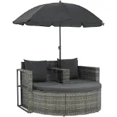 vidaXL Tuinbank 2-zits met kussens en parasol poly rattan grijs