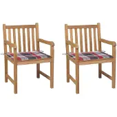 vidaXL Tuinstoelen 2 st met rood geruite kussens massief teakhout