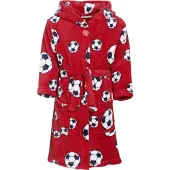 Playshoes fleece badjas Socces met voetbal dessin rood All over print - maat 122/128