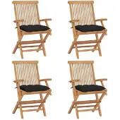 vidaXL Klapstoelen met zwarte kussens, 4 stuks, massief teak hout