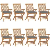 vidaXL Klapstoelen met grijze kussens, 8-delig, massief teak hout