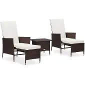 vidaXL 3-delige Loungeset met kussens poly rattan bruin